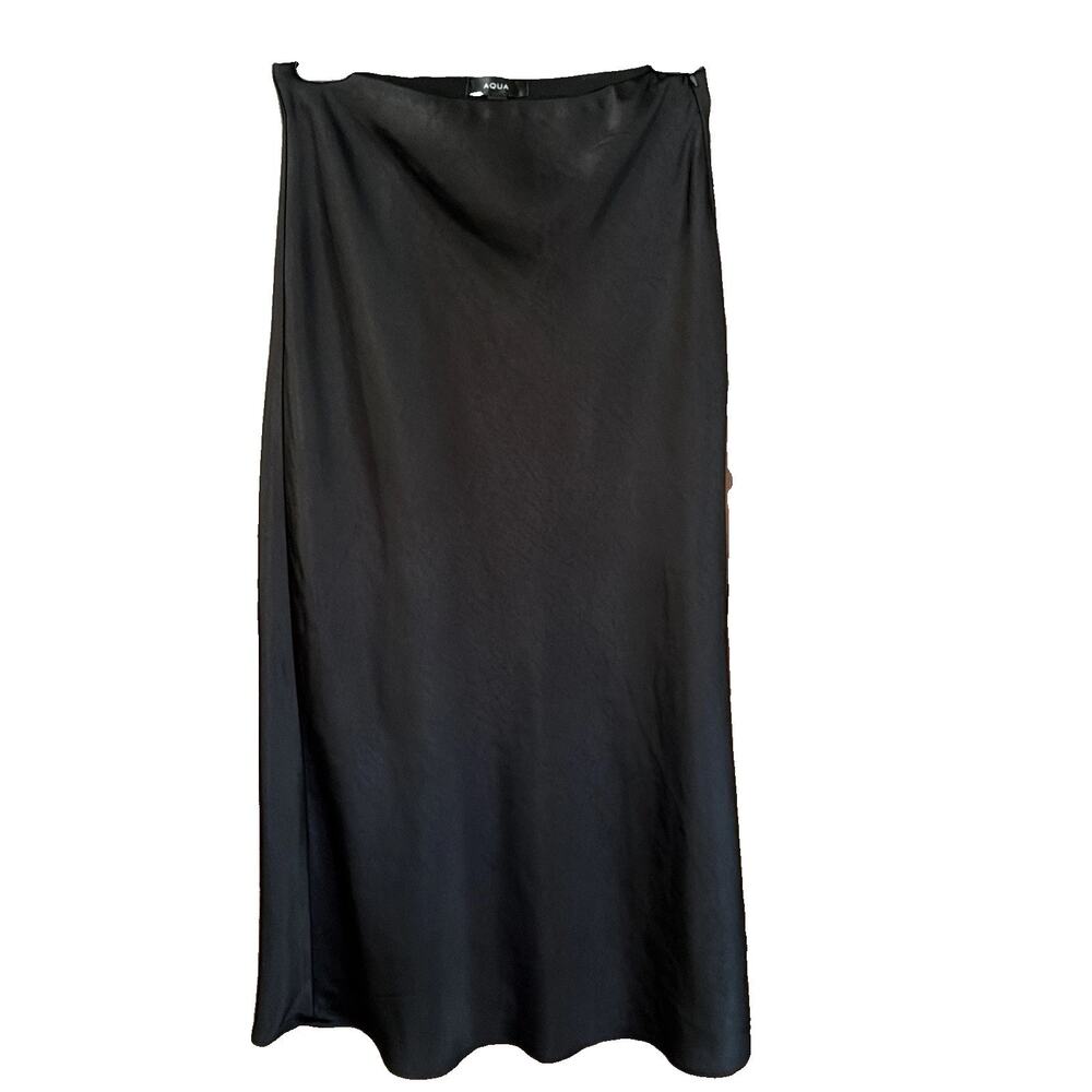Aqua Women's Black Satin Stretch Waist Side Zip Closure Midi Skirt Size Medium